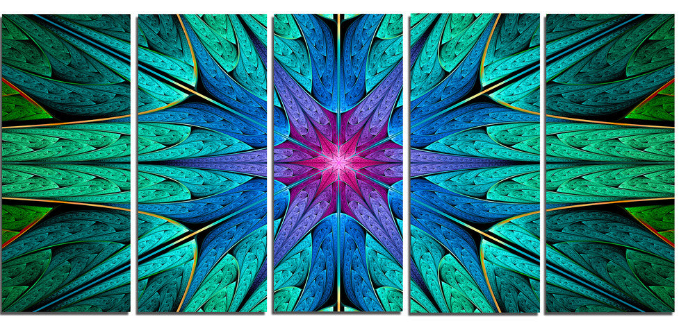 Turquoise Star Fractal Stained Glass, Abstract Canvas Print, 60"x28", 5 Panels