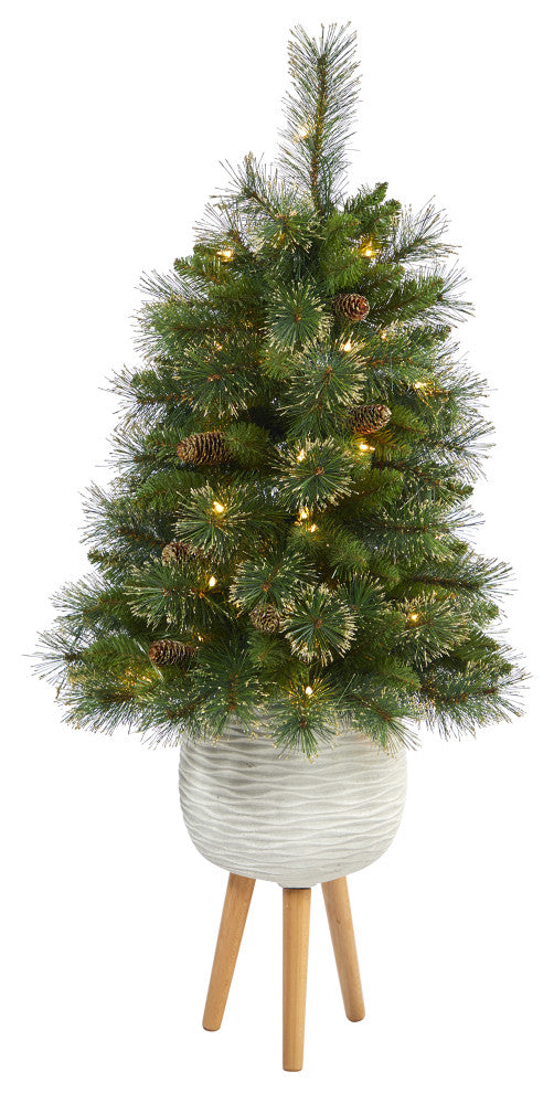 4' Golden Washington Pine Faux Xmas Tree W/Lights, Pinecone & Bendable Branches
