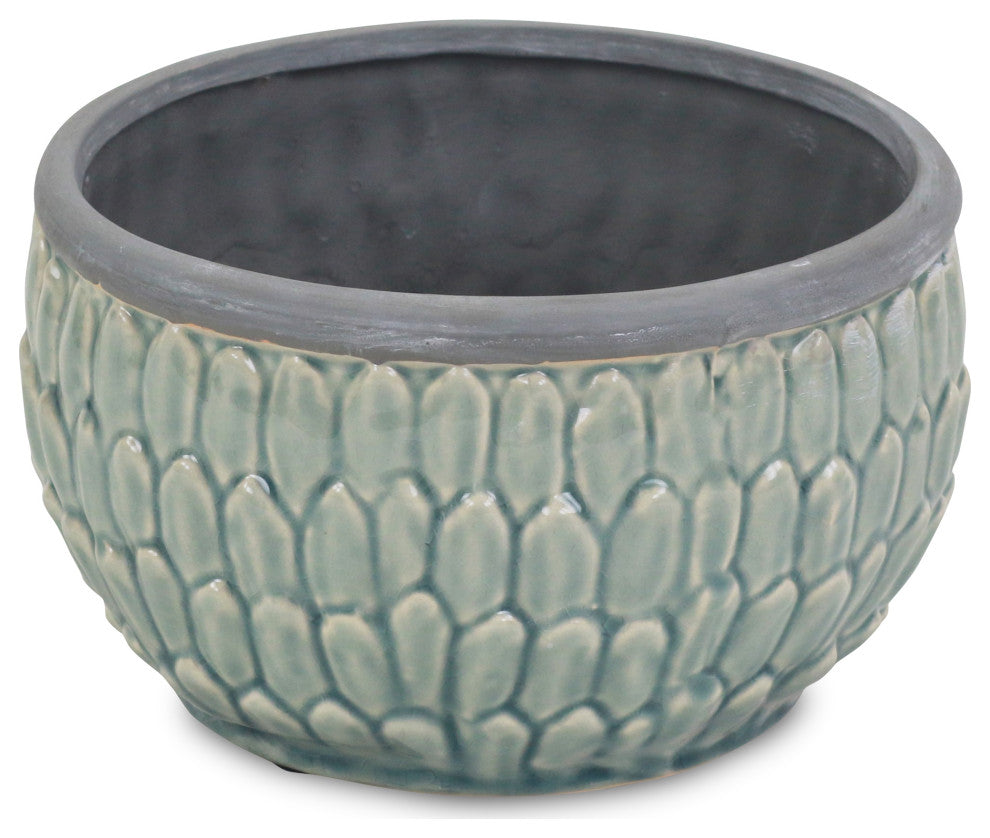 Round Blue Ceramic Pot, Overlapping Leaf Pattern, 8"