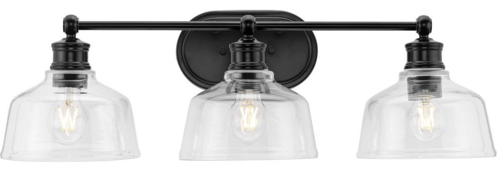Singleton 3-Light 26.5" Matte Black Farmhouse Vanity Light, Clear Glass Shades