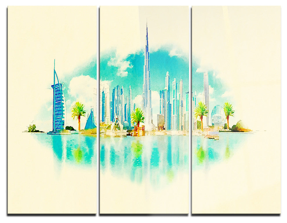 "Dubai Panoramic View" Watercolor Metal Wall Art, 3 Panels, 36"x28"