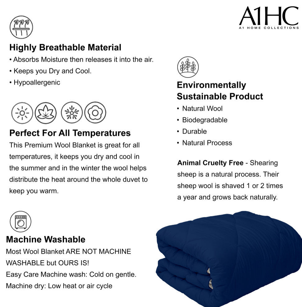 All Season Wool Fill Reversible Throw Blanket, Gray and Navy, 92"x96"
