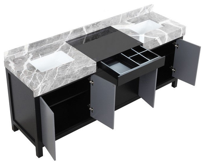 Zilara 80" Black and Grey Double Vanity, Castle Grey Marble Tops