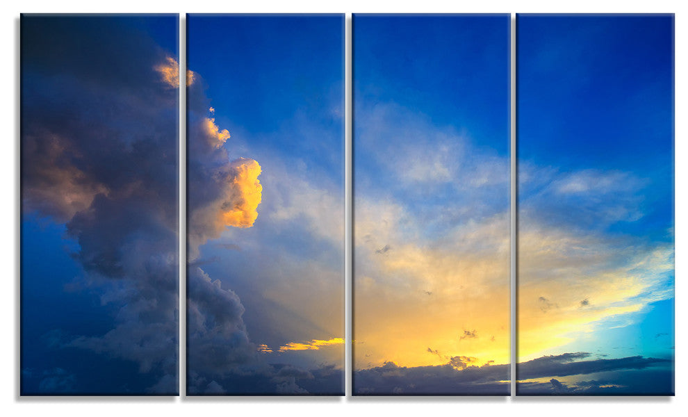 Dramatic Sunset Sky with Thunderstorm, Beach Photo Canvas Art, 48"x28", 4 Panels
