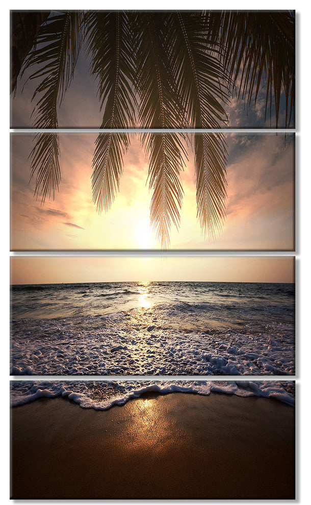 Tropical Beach with Palm Leaves, Seashore Canvas Art Print, 28"x48", 4 Panels