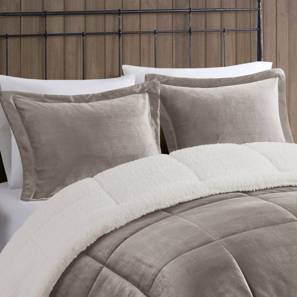 Woolrich Alton Plush to Sherpa Winter Comforter Set, Light Gray, King
