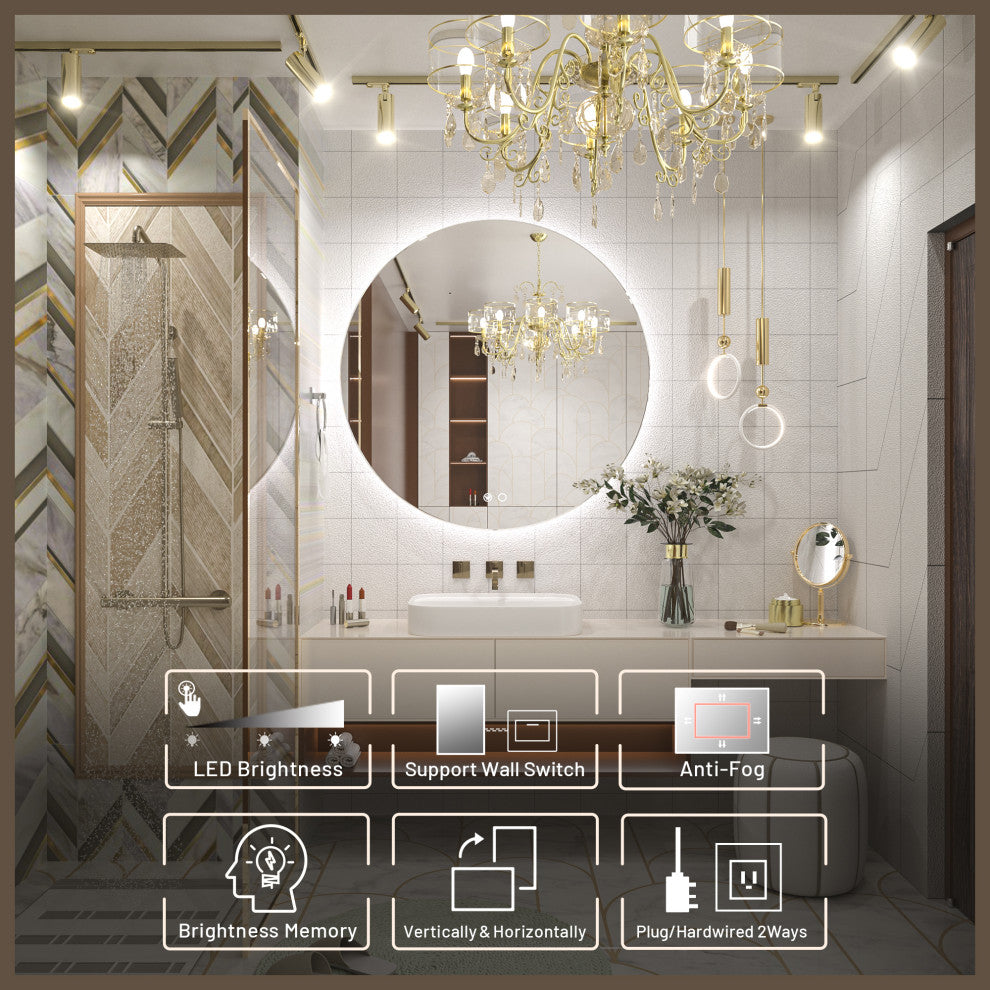 Round LED Vanity Mirror With Backlit, Anti-Fog & Dimmable LED, 36x36