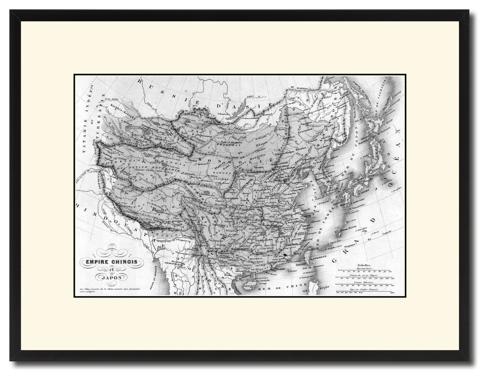 China Japan Korea Vintage B&W Map Canvas Print, 16"x21"