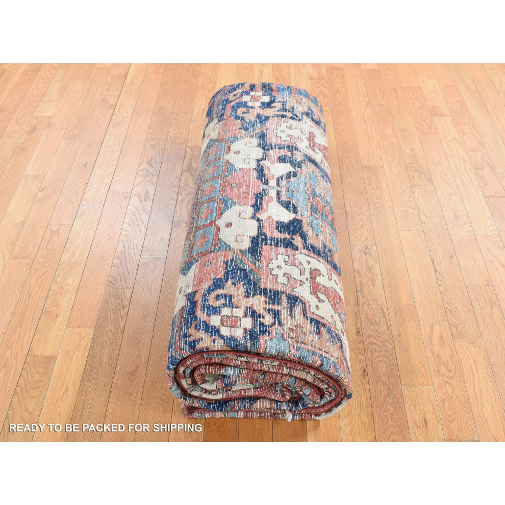 Blush Red Antique Persian Serapi Heriz Hand Knotted Pure Wool Rug, 12'3"x18'6"