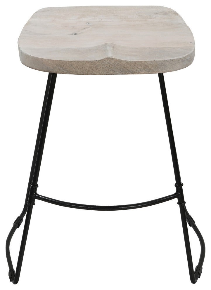 24" Backless Counter Stool Whitewashed Mango Wood Saddle Seat Black Metal