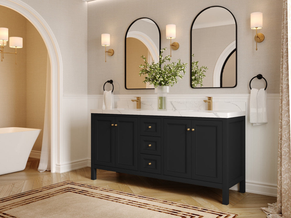 Nashville 72" Double Sink Bath Vanity, Black 2" Carrara Quartz