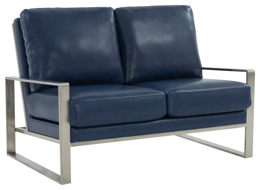 LeisureMod Jefferson Modern Faux Leather Loveseat With Silver Frame, Navy Blue