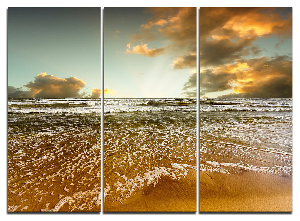 "Brown Tinged Beach and Cloudy Sky" Metal Wall Art, 3 Panels, 36"x28"