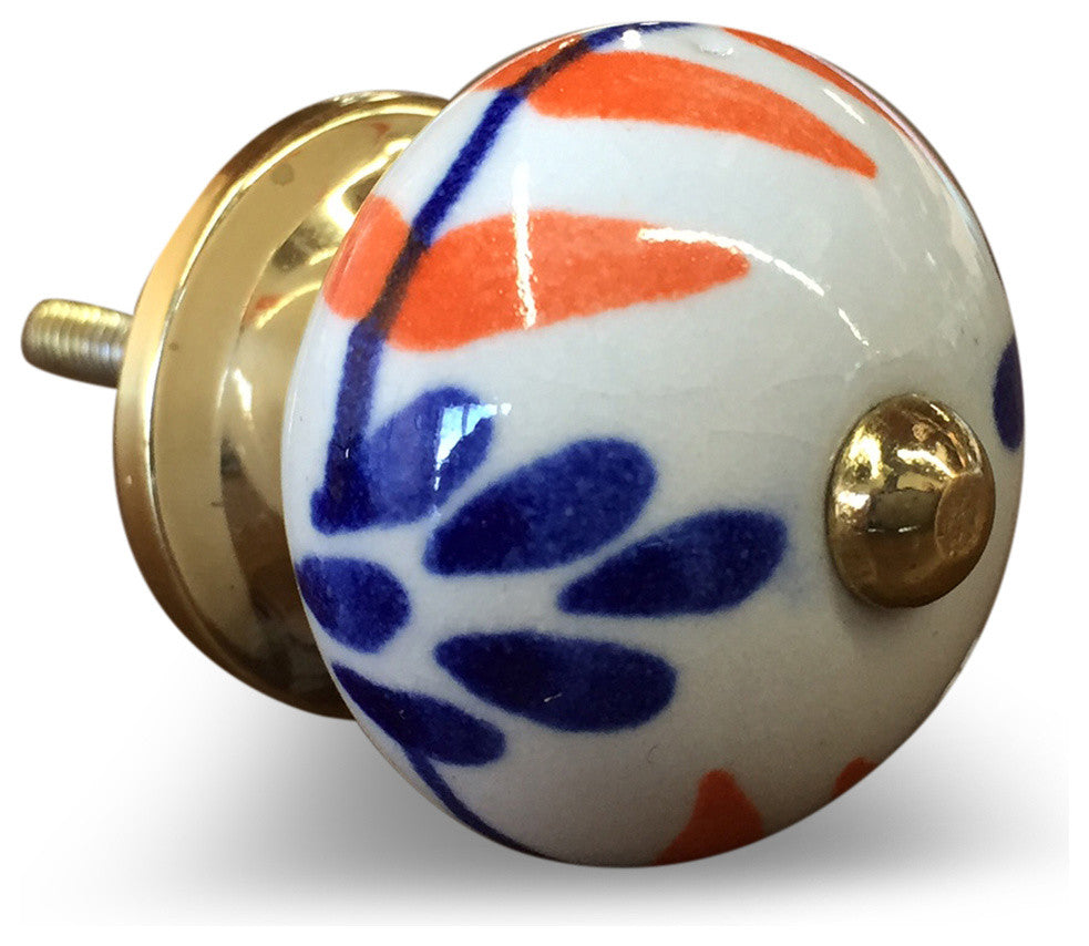 Knob-It Vintage Handpainted Ceramic Knobs, Set of 12, White/Blue/Orange