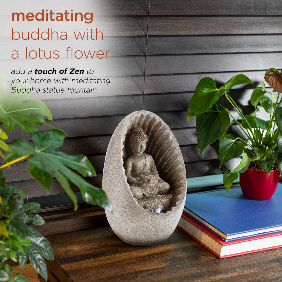 Alpine Buddha Tabletop Fountain With LED Light, 11" Tall