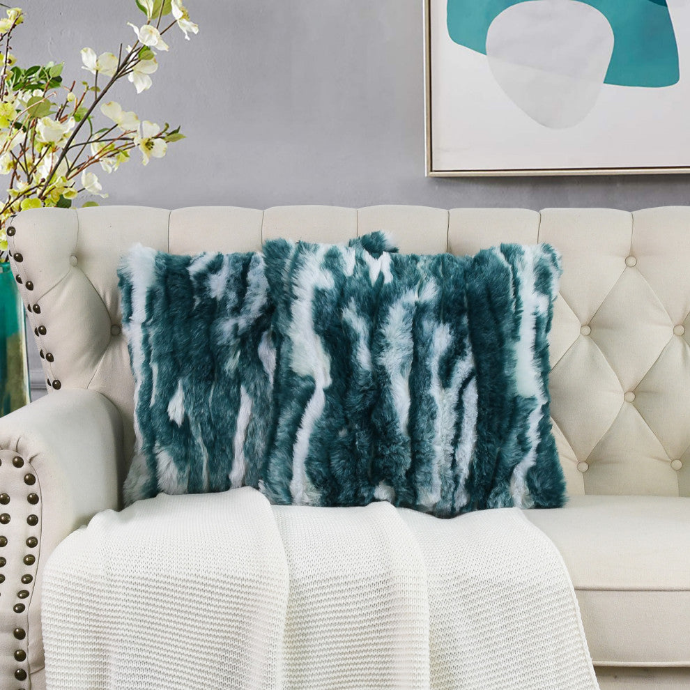Jacquard Faux Fur Pillow Covers Set of 2, Deep Teal, 26'' x 26''