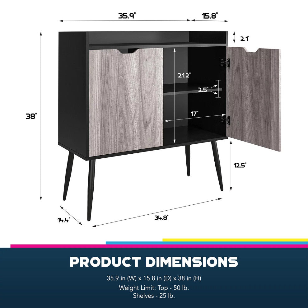 Retro Modern Storage Cabinet, Angled Legs & Doors With Cut Out Pulls, Black Oak