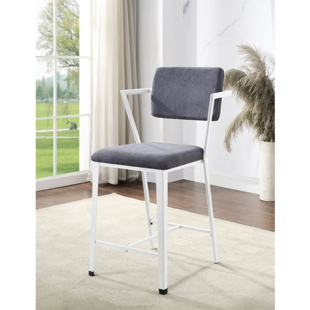 Set of 2 Gray Fabric Counter Height Chair, White Finish