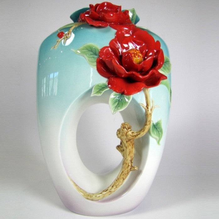 Red Camellia Flower Porcelain Vase