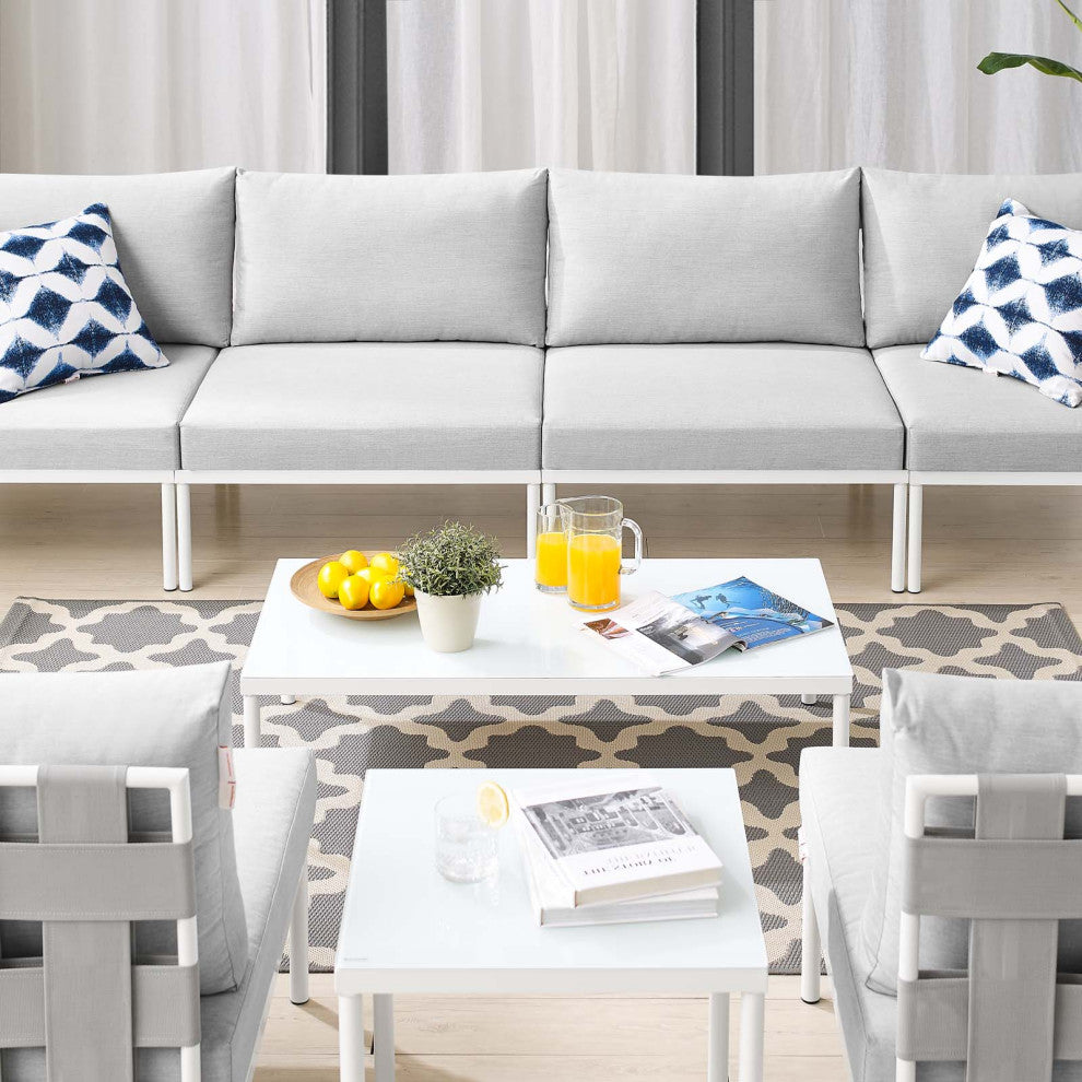 Lounge Sectional Sofa Chair Table Set, Sunbrella, Aluminum, Gray, Outdoor