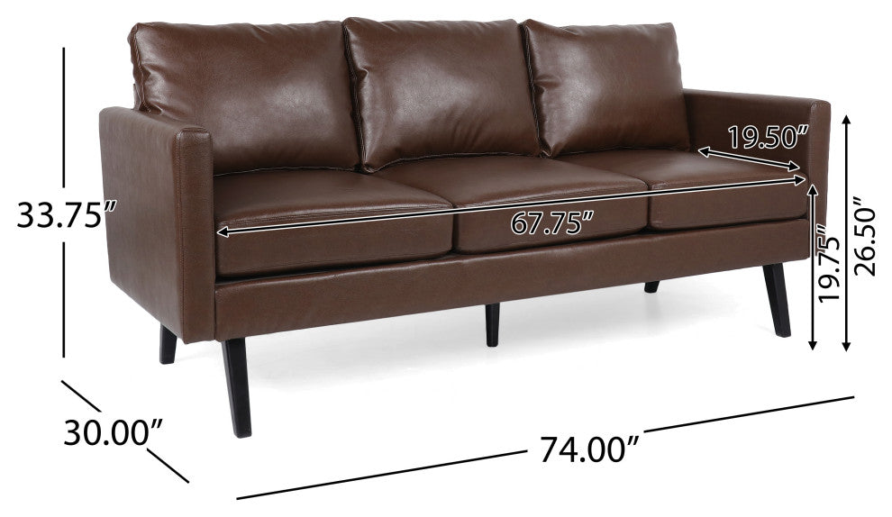 Dowd Mid Century Modern Faux Leather 3 Seater Sofa, Dark Brown