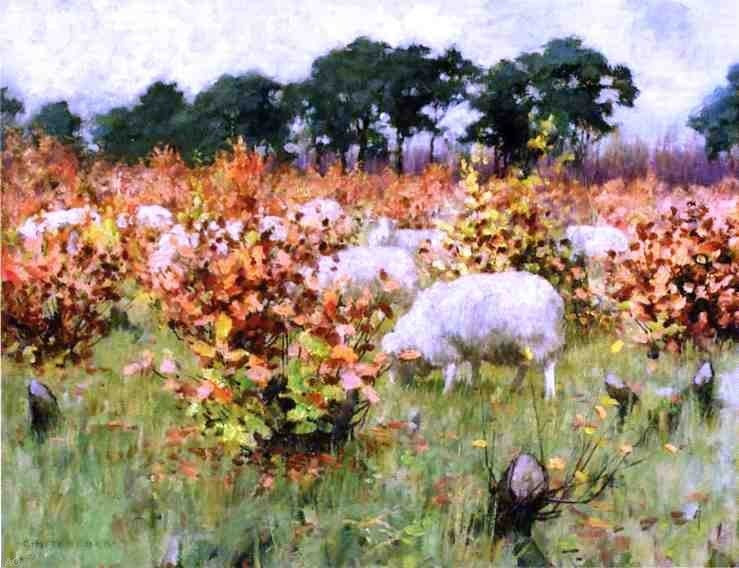 George Hitchcock Grazing Sheep, 21"x28" Wall Decal