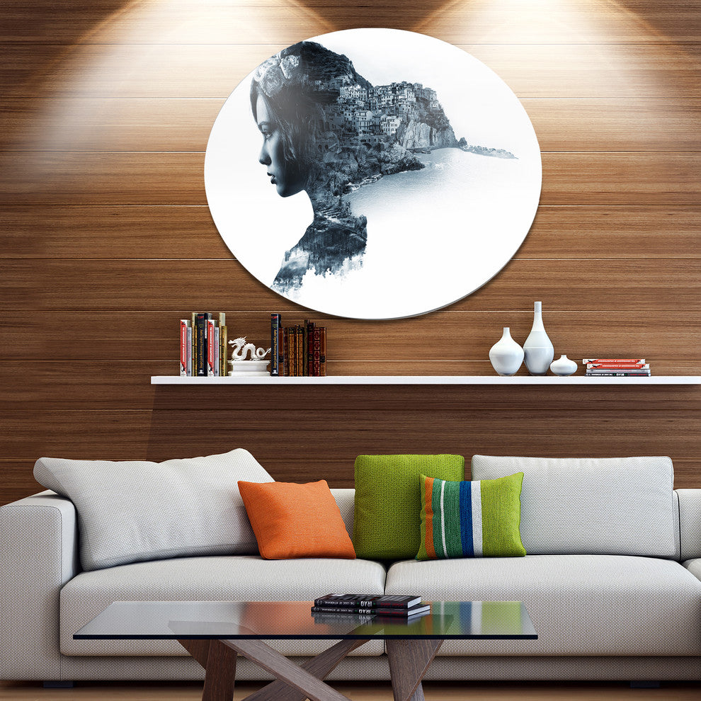 Woman Portrait Double Exposure, Portrait Large Disc Metal Wall Art, 11"