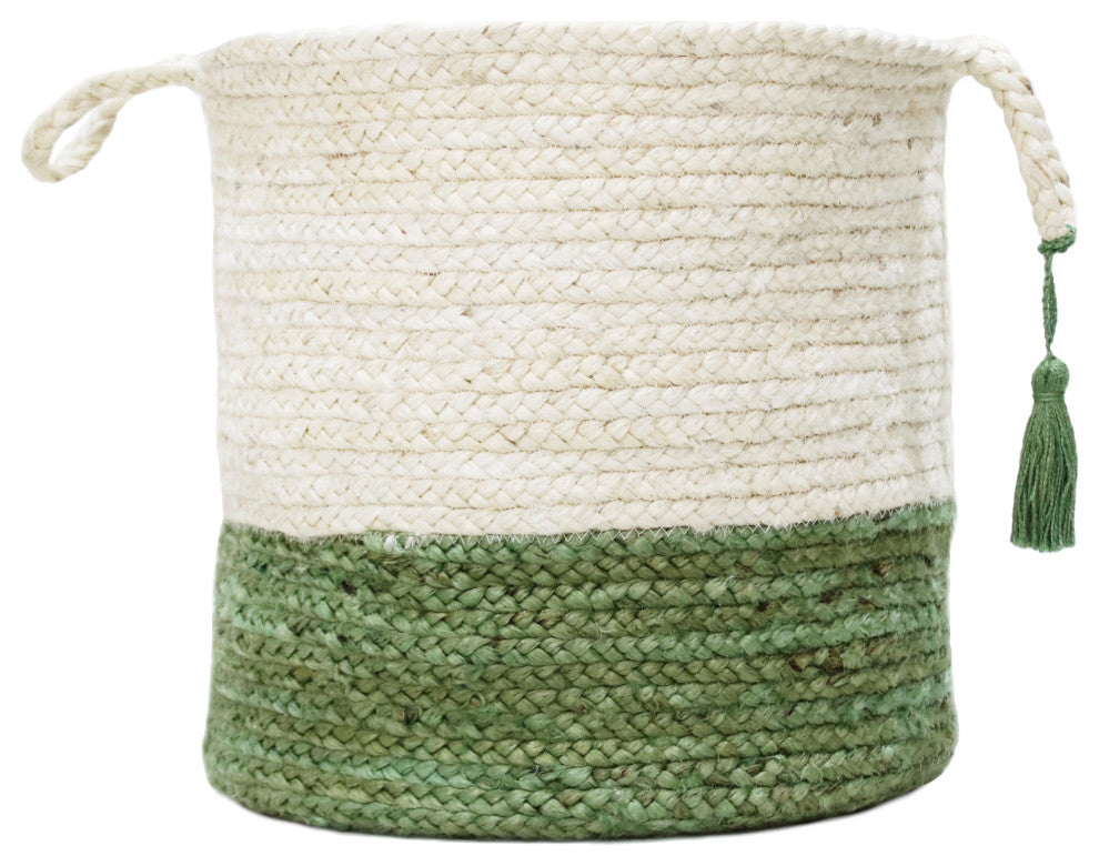 Two-Tone Off-White Jute Decorative Basket With Handles, Moss Green, 19"