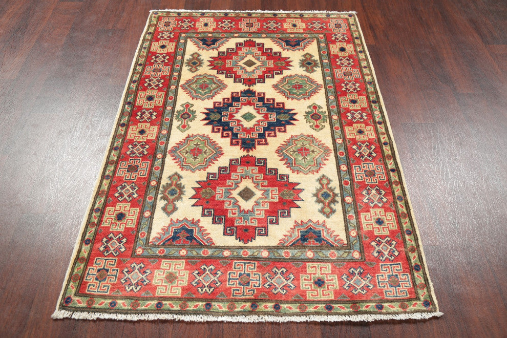 Kazak Oriental Traditional Hand Made Area Rug Pakistani, Beige, 4'9"x3'4
