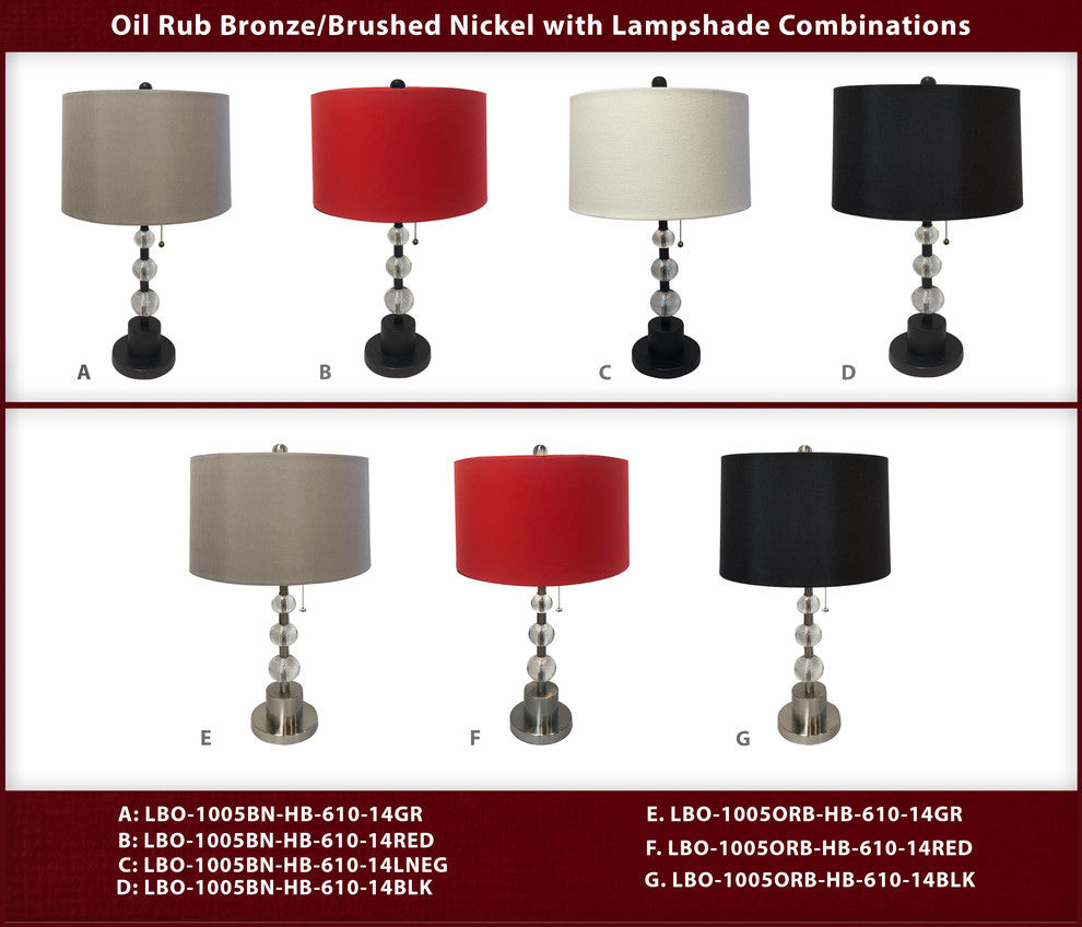 Brush Nickel Lamp with Crystal Ball Accents and Red Shallow Drum Hardback Shade