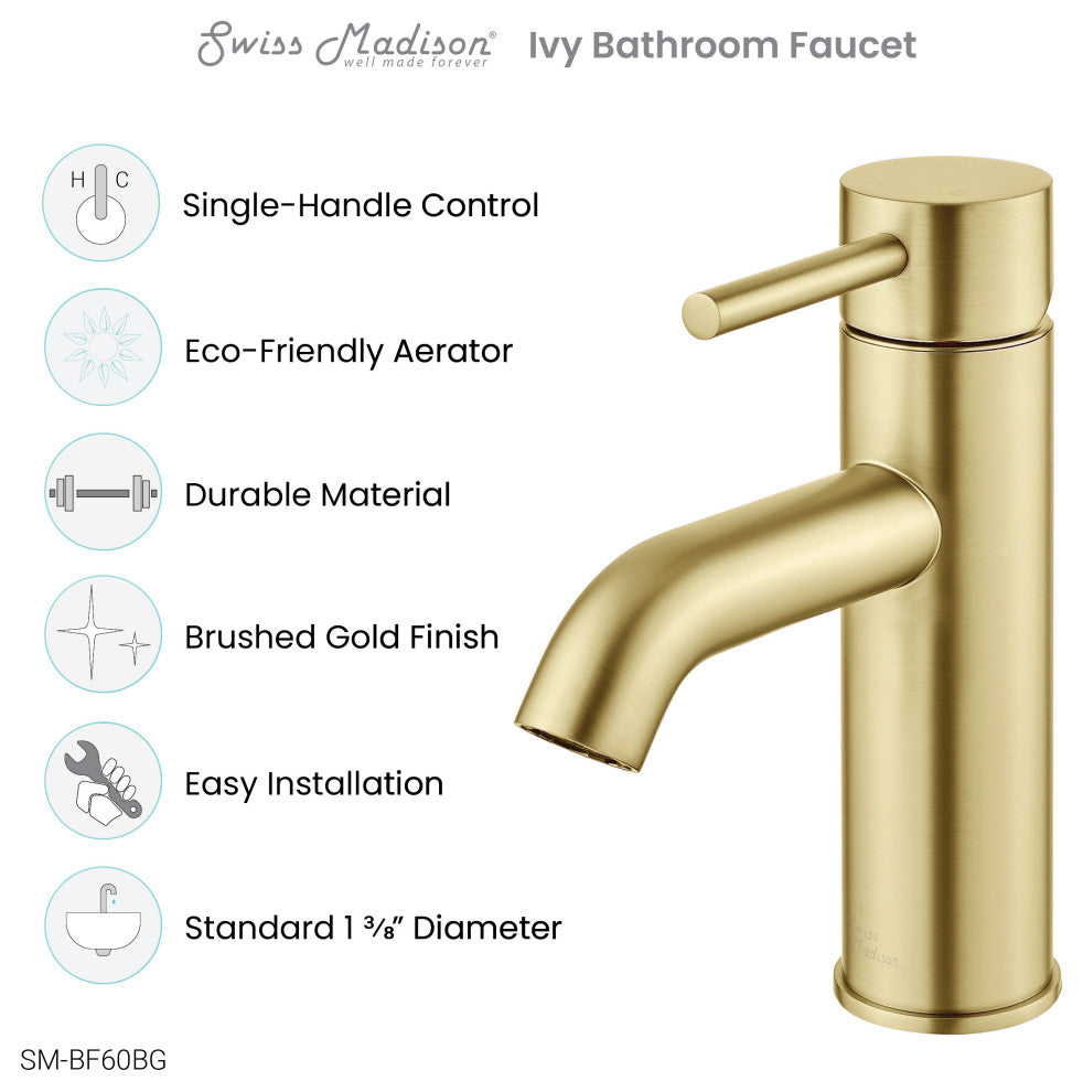 Ivy Single Hole Single Handle Bathroom Faucet, Brushed Gold