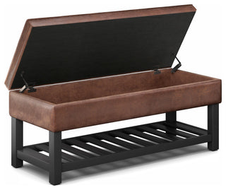 Cosmopolitan Storage Ottoman Bench With Open Bottom, Distressed Saddle Brown Faux Leather