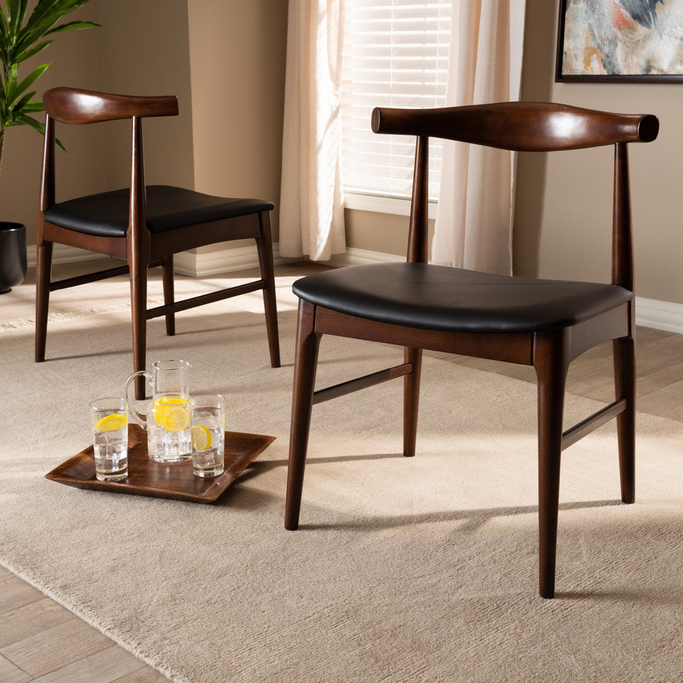 Eira Mid-Century Modern Black Faux Leather Walnut Wood Dining Chairs, Set of 2
