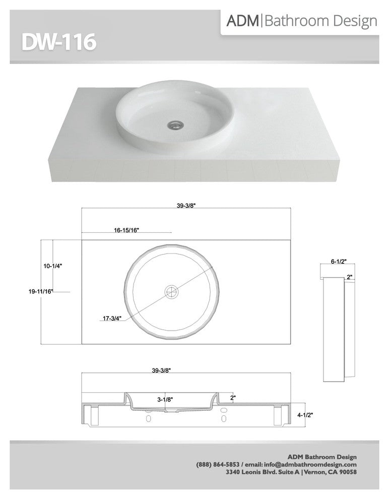 ADM Circular Wall Mounted Sink, White, 39", Glossy White