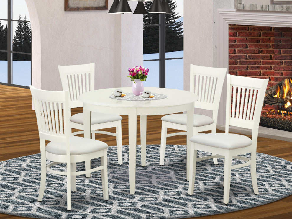 5-Piece Set, 4 Chairs With Slatted Back -A Table With Round Top, Linen White