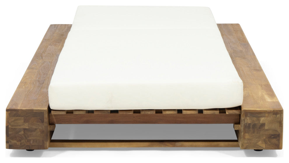 Ursula Outdoor Acacia Wood Chaise Lounge and Cushion Set, Set of 2, Cream