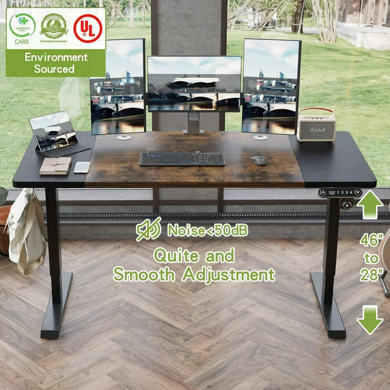 Modern Electric Desk, Metal Frame With Hanging Hooks & Adjustable Shelf, Brown
