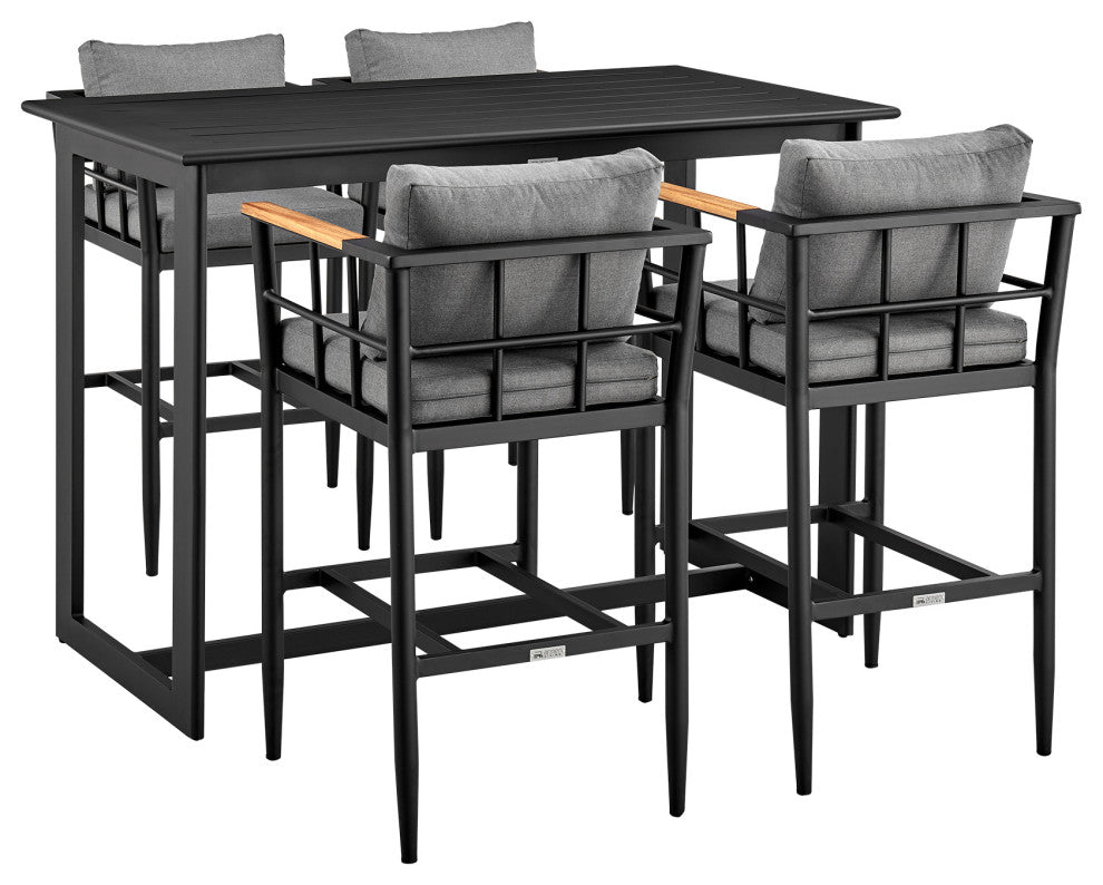 Wiglaf Outdoor Patio 5-Piece Bar Table Set, Aluminum With Gray Cushions