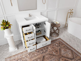 Aberdeen 36 Center Sink Bath Vanity in White 2" Calacatta Black