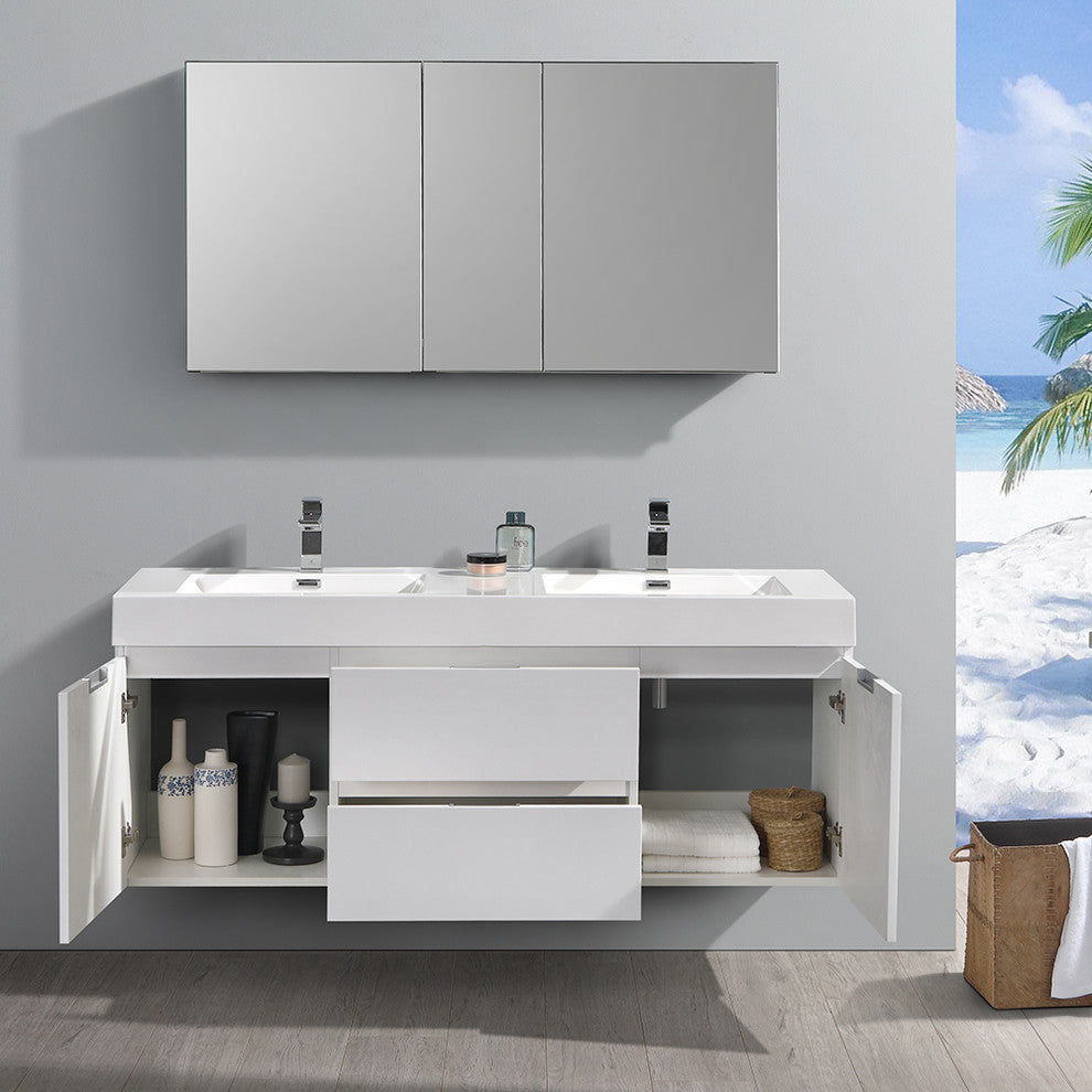 Valencia 60" Glossy White Wall Hung Double Sink Vanity, Faucet FFT1053CH
