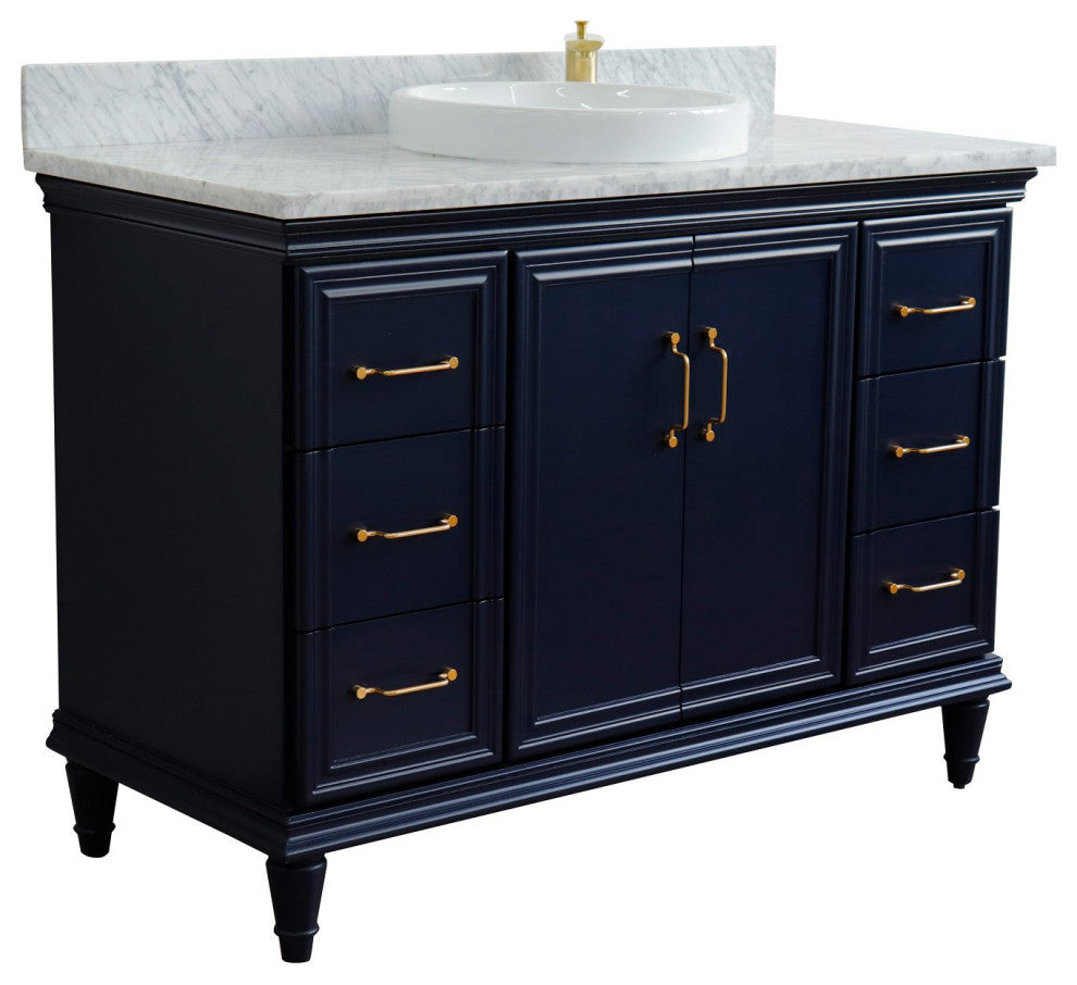 49" Single Sink Vanity, Blue Finish With White Carrara Marble and Round Sink