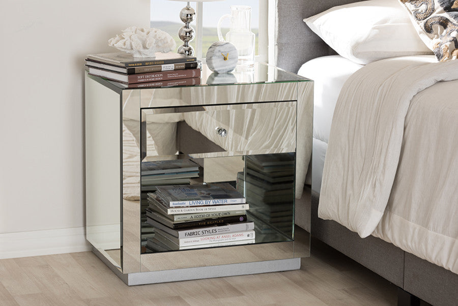 Melanie Regency Glamour Style Mirrored 1-Drawer/1-Shelf Nightstand, Set of 2