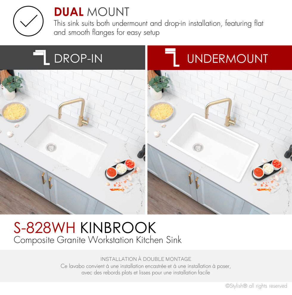 Stylish 28" Dual Mount Single Bowl White Granite Kitchen Sink