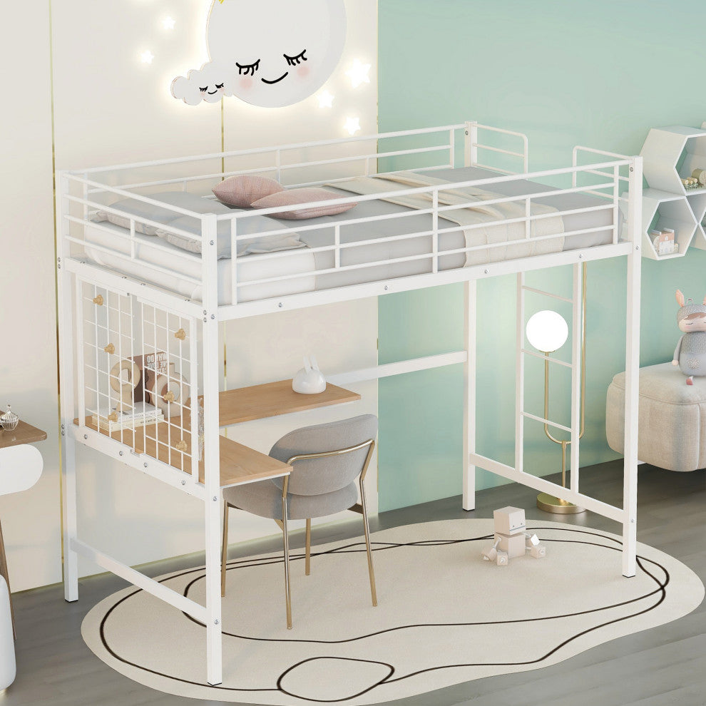 TATEUS Metal Loft Bed With Desk, Sturdy Metal Frame Guardrails Work and Play, White, Twin