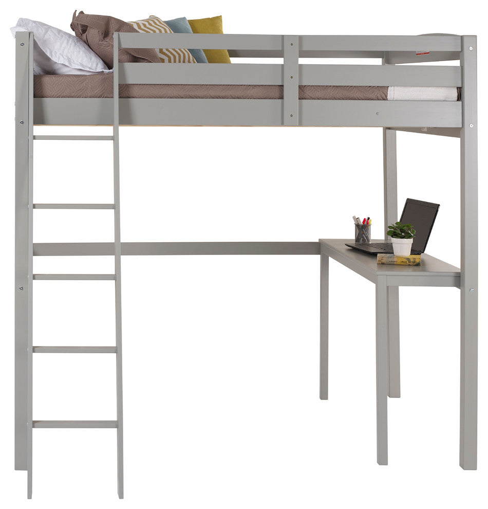 Concord Full Size High Loft Bed, Gray, With Desk