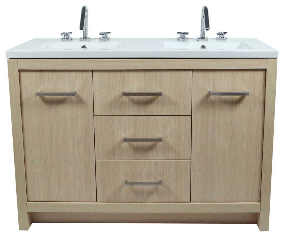 48" Double Sink Vanity, Neutral Finish With White Ceramic Top