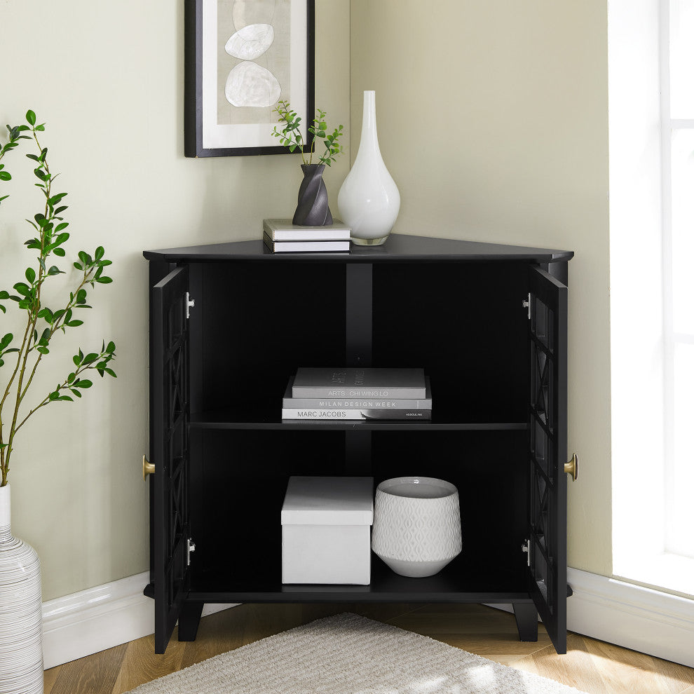 Gwen Fretwork Corner Accent Cabinet - Black