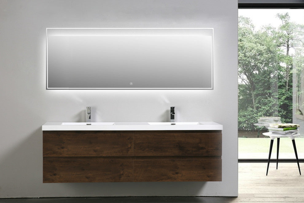 MOB 72" Double Sink Wall Mounted Vanity With Acrylic Sink, Rosewood