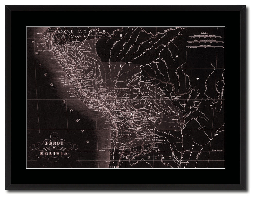 Peru Bolivia Vintage Vivid Sepia Map Canvas, 28"x37"