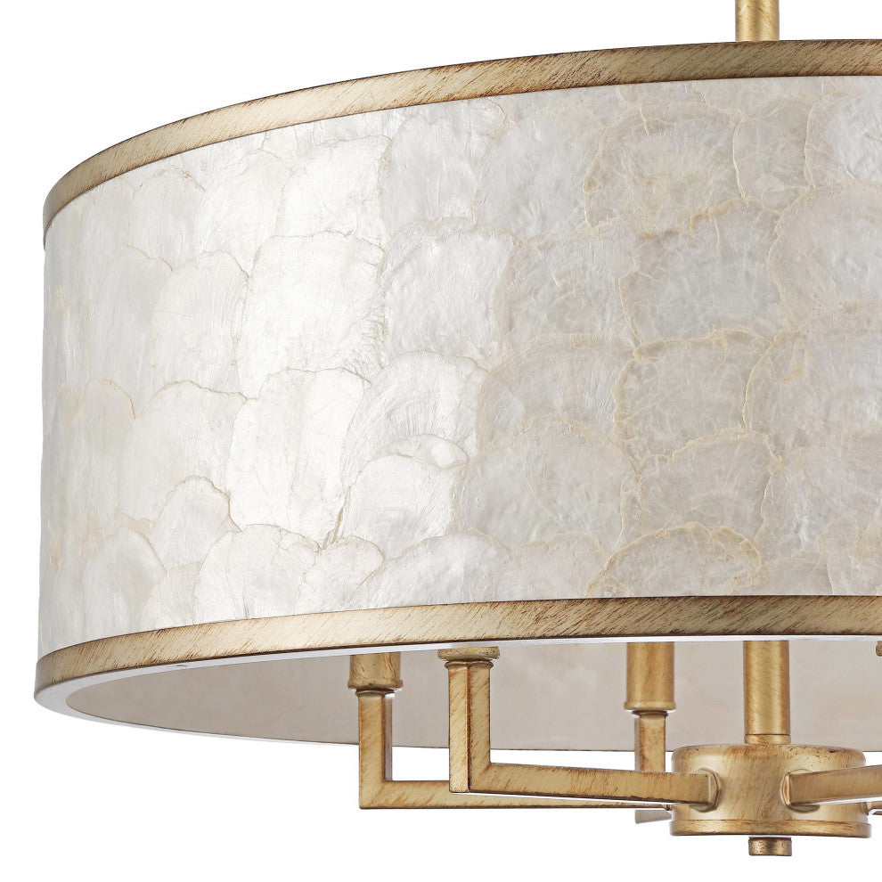 GetLedel 24" 6-Light Capiz Shell Drum Chandelier, Distressed Gold